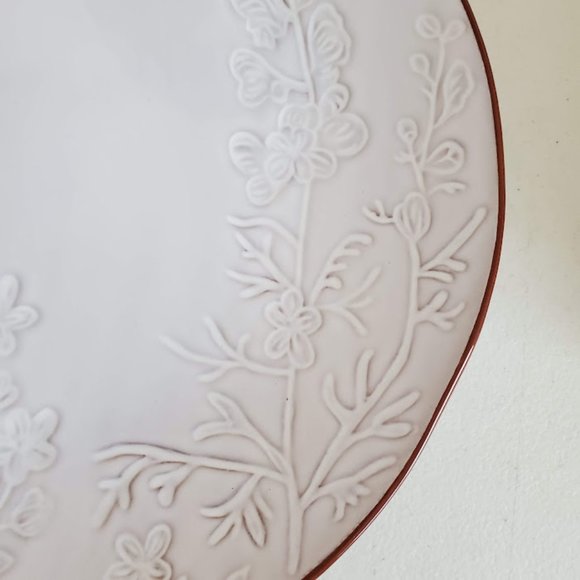 Pier 1 Terracotta White Glazed Dinner Plates 11" Impressed Floral Butterfly Set - Picture 11 of 13